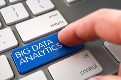 Hand Finger Press Big Data Analytics Button. 3D Illustration 스톡 일러스트
