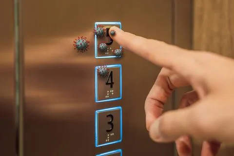 Hand finger press button in elevator with virus. Covid-19 or Coronavirus in the Foto stock