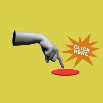 Hand with a finger pushing a red button, accompanied by a starburst shape w.. Stock Photos