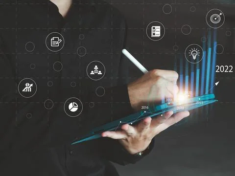 Hand finger write tablet technology computer digital online data analysis b.. Stock Photos