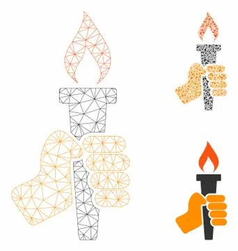 Hand with Fire Torch Vector Mesh Wire Frame Model and Triangle Mosaic Icon Stock Illustration