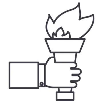 Hand with fire torch,achieving goal vector line icon, sign, illustration on Stock Illustration