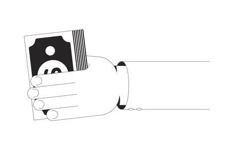 Hand firmly holding thick stack of banknotes black and white cartoon clipart Stock Illustration
