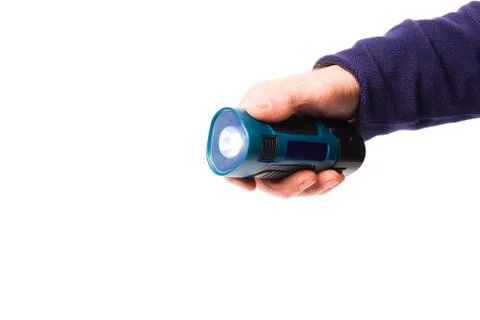 Hand with flashlight isolated on white background Stock Photos