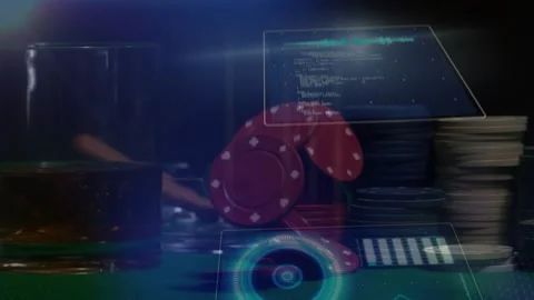 Hand flicking red chip stack, chips tumbling while holographic panels shifting, Stock Footage 328656653