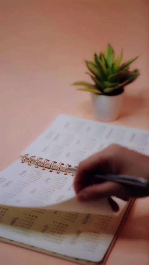 A hand flipping through a daily planner with a potted plant in the background Video stock 344851181