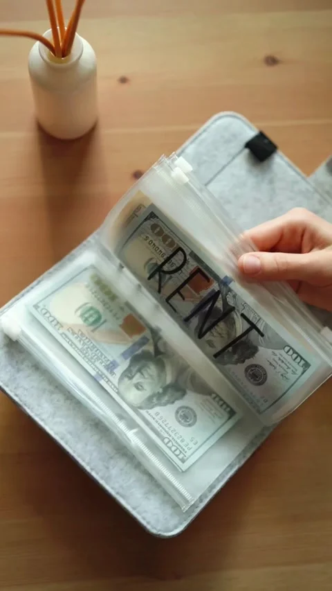 Hand flipping through labeled clear envelopes in budget binder Video stock 331772066