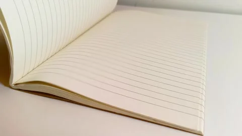 Hand flipping through a notebook, turning white lined paper pages on desk table 動画素材 317135428