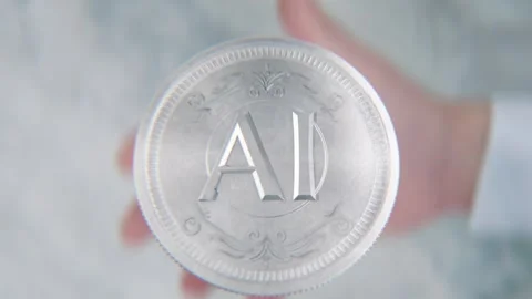 A hand flips a coin marked AI and Human, spinning toward the camera in slow.. Stock-Footage 293790867