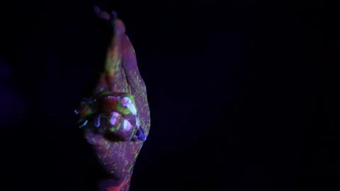 A hand with a fluorescent ethnic pattern points its finger at the viewer Stock Footage 233630951