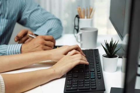 Hand focus with developers program typing coding creative website. Postulate. 写真素材