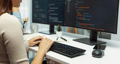 Hand focus with developers program typing coding creative website. Postulate. Foto stock