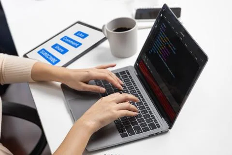 Hand focus of IT developer woman coding laptop create social media. Postulate. Foto stock