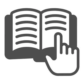 Hand with forefinger on book solid icon, children book day concept, open book Stock Illustration