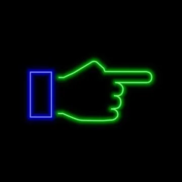 Hand with forefinger pointing forward neon sign. Bright glowing symbol on a b Stock Illustration