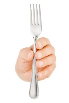 Hand with fork isolated on white Stock Photos