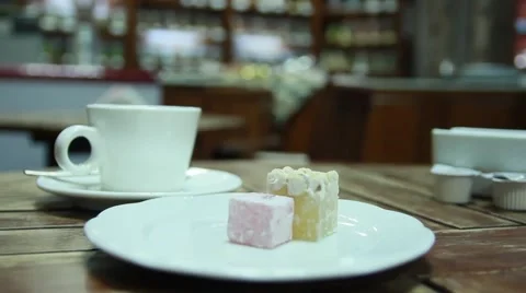 Hand fork takes dessert - Turkish Delight Stock Footage 50374697