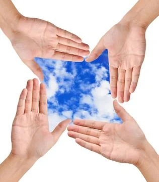 Hand forming frame shape on blue sky Stockfoto's
