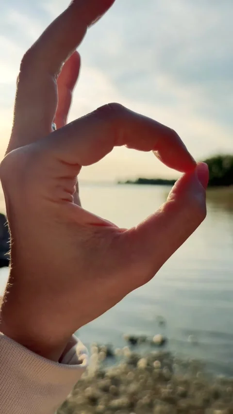 Hand framing the setting sun over a calm lake, vertical Stock Footage 343126941