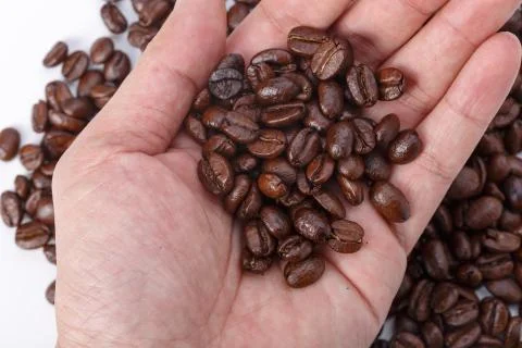 Hand full of coffee beans Stock Photos