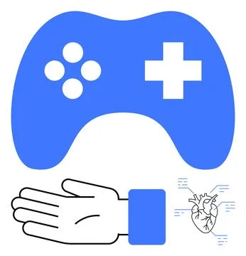 Hand with Game Controller and Heart - Symbolizing Entertainment, Health, an.. Illustrazione stock