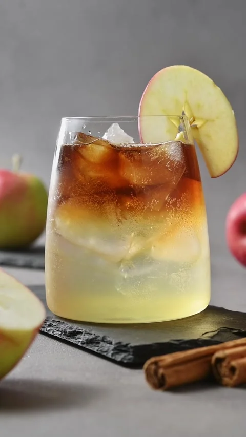 Hand garnishes apple cider cold brew tonic with apple slice and adds glass straw Stock Footage 345557160