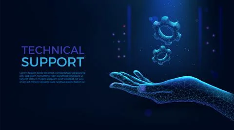 Hand with gear. Tech support. Polygon engine wireframe for mechanic industry. 3D Stock Illustration