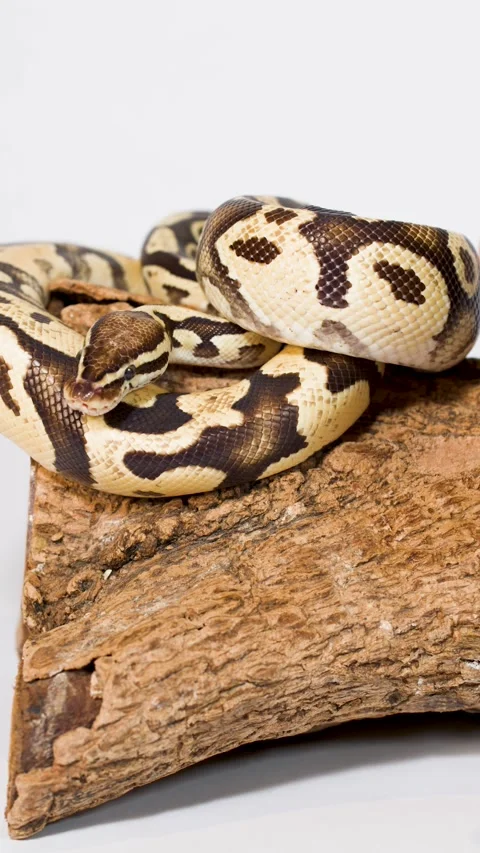 Hand Gently Handling Ball Python on Wooden Perch 스톡 동영상 325696822