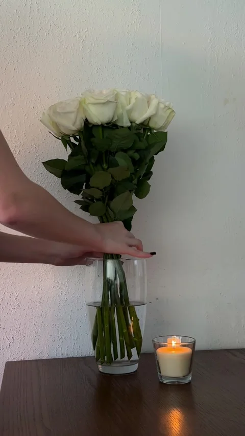 Hand gently placing white rose stem into glass vase, arranging fresh flower next Stock Footage 334839138