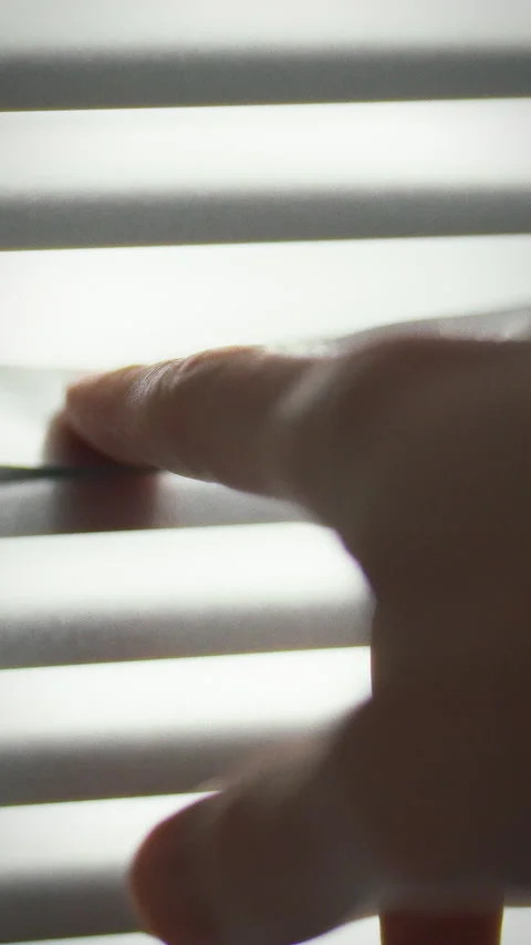 Hand gently pulling back window blinds to brighten a cozy indoor room with s Stock Footage 331594307