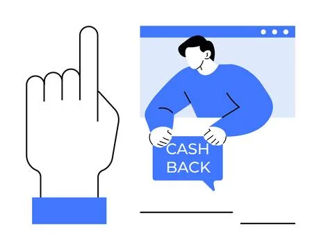 Hand Gesture and Man Offering Cashback in Blue and White Design 스톡 일러스트