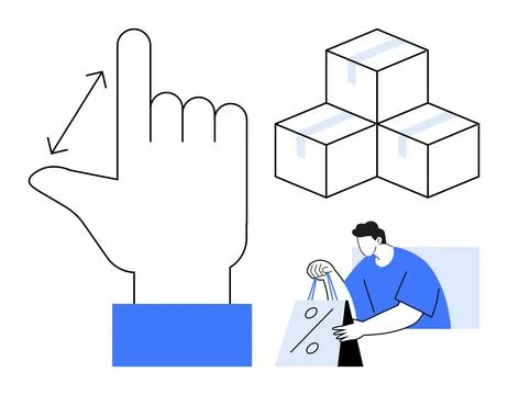Hand with gesture arrows, three stacked boxes, and person carrying shopping b イラスト素材