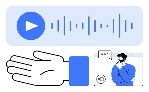 Hand Gesture, Audio Play Button, and Video Call with Thoughts Icon Elements.. イラスト素材