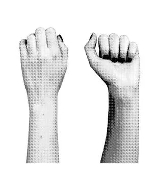 Hand gesture, clenched fingers, back and front side. Halftone textured vector Illustration