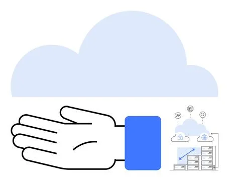 Hand Gesture with Cloud Computing Concept, Servers and Data Analysis Symbols Illustrazione stock