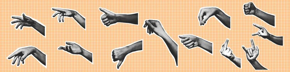 Hand Gesture Collection Halftone Set Orange Background Stock Illustration