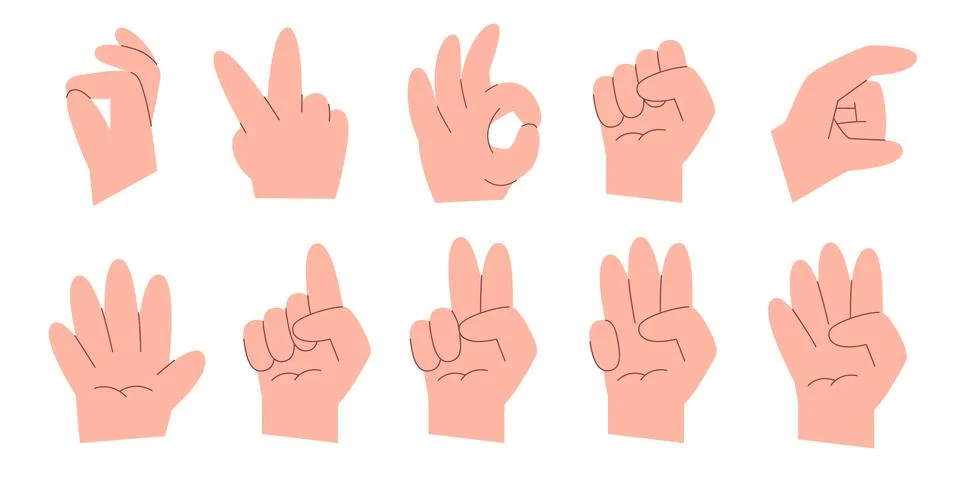 Hand gesture collection vector flat illustration expression signal fat big pa Stock Illustration