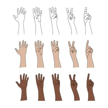 Hand gesture. Count to five on fingers. Line art Stock Illustration
