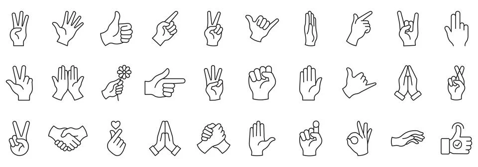 Hand Gesture Editable Vector Icon set on Thumbs Up, Handshake, Palm, Trust, O Stock-Illustration