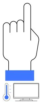 Hand Gesture with Finger Pointing Up Over Thermometer and Computer Screen, .. Stock Illustration