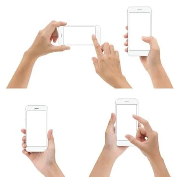 Hand gesture hold and using white phone isolated on white background Stock Photos