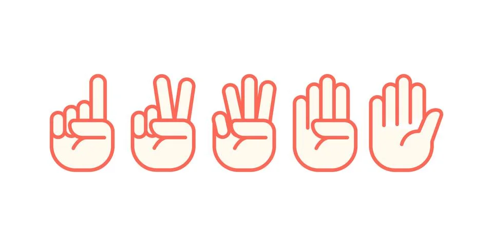 Hand gesture icon set of one, two, three, four and five finger counting vect Illustrazione stock