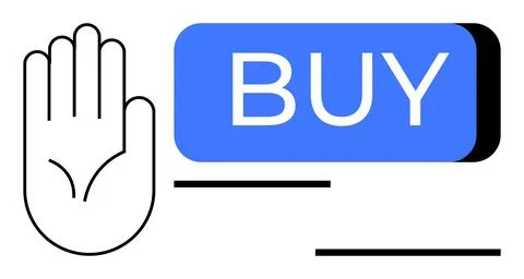 Hand gesture indicating halt next to a prominent blue BUY button with minimal Stock Illustration