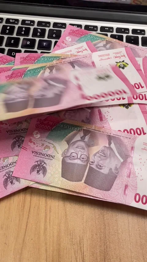 Hand gesture of man counting red hundred thousand rupiah banknotes Video stock 295121099