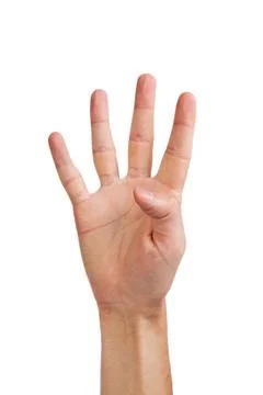Hand gesture number four closeup isolated on white Fotos Stock