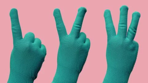Hand Gesture as One Two Three in Green Gloves Stock Photos