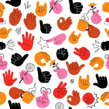 Hand gesture seamless pattern vector illustration. Modern flat design of co.. Stock Illustration