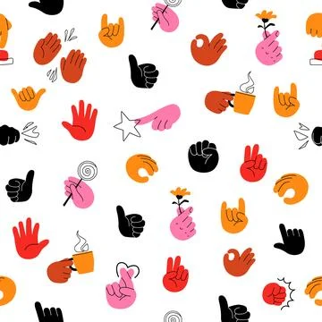 Hand gesture seamless pattern vector illustration. Modern flat design of colo Stock Illustration