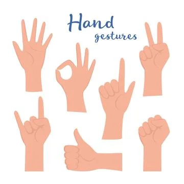 Hand gesture set. human hands showing thumbs up, pointing and greeting, OK. V Stock Illustration