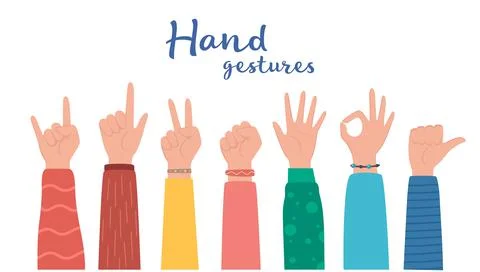 Hand gesture set. human hands showing thumbs up, pointing and greeting, OK. V Stock Illustration